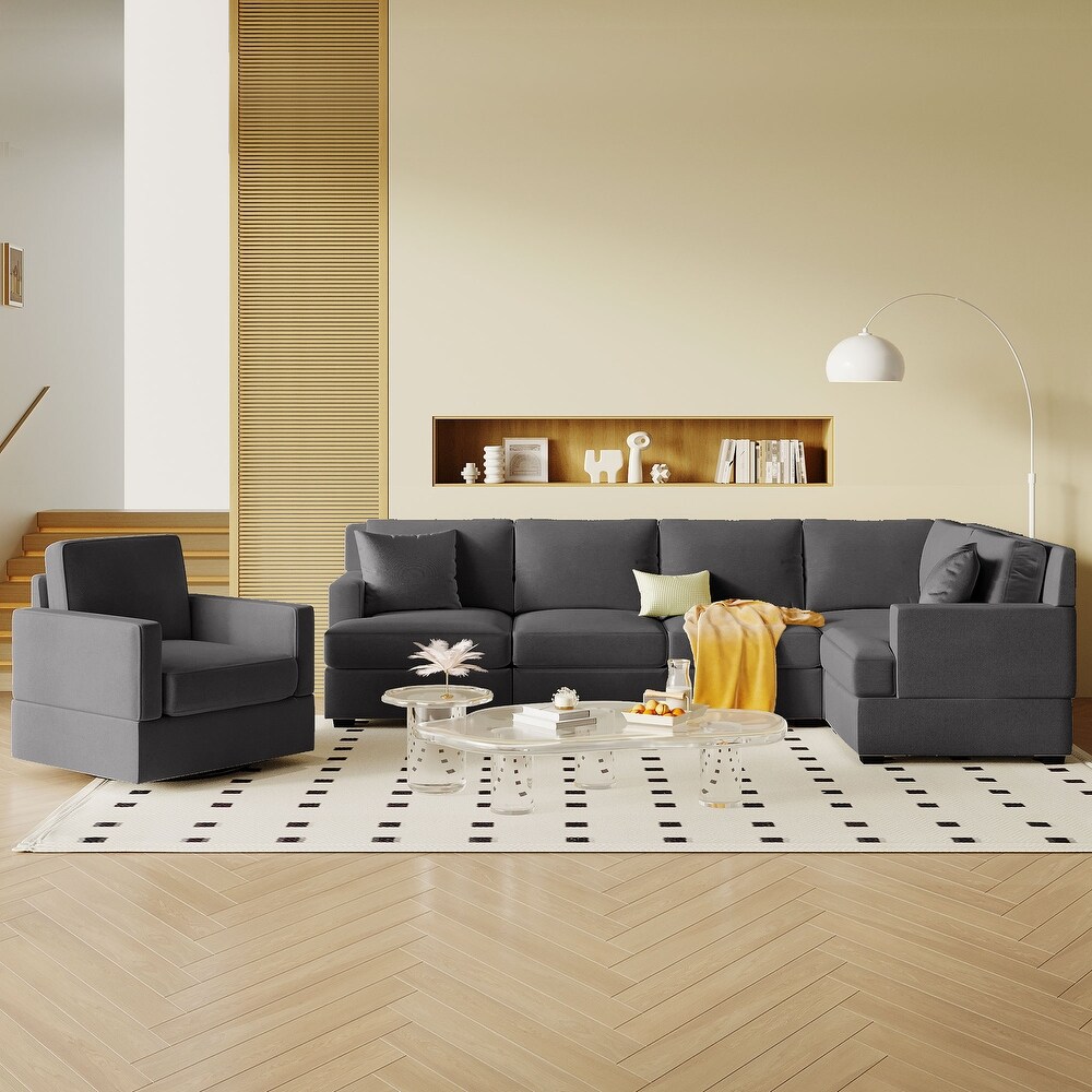 L Shaped Sofa Set with Sectional Modular Sofa and Swivel Recliner Chair