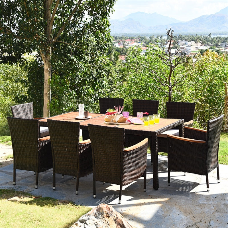 9 Pcs Rattan Patio Dining Set with Acacia Wood Tabletop & Cushioned Stackable Armchairs