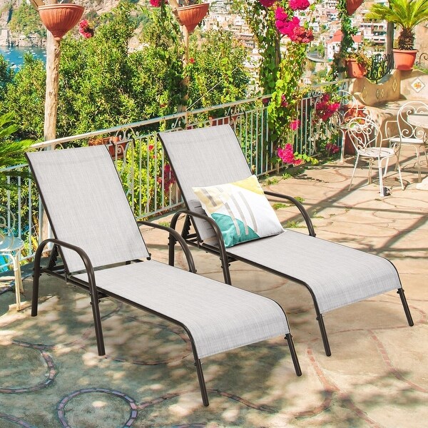 2 Pcs Outdoor Patio Lounge Chair Chaise Fabric with Adjustable Reclining Armrest - 75.5