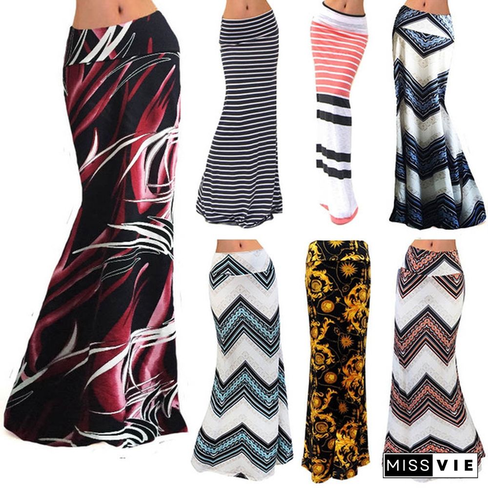 Women Summer Long Skirt Maxi Dress Floral Print Slim Fit Casual Skirts Printing Flower Bodycon Dress Beach Party Evening Jupe Longue Long Dress