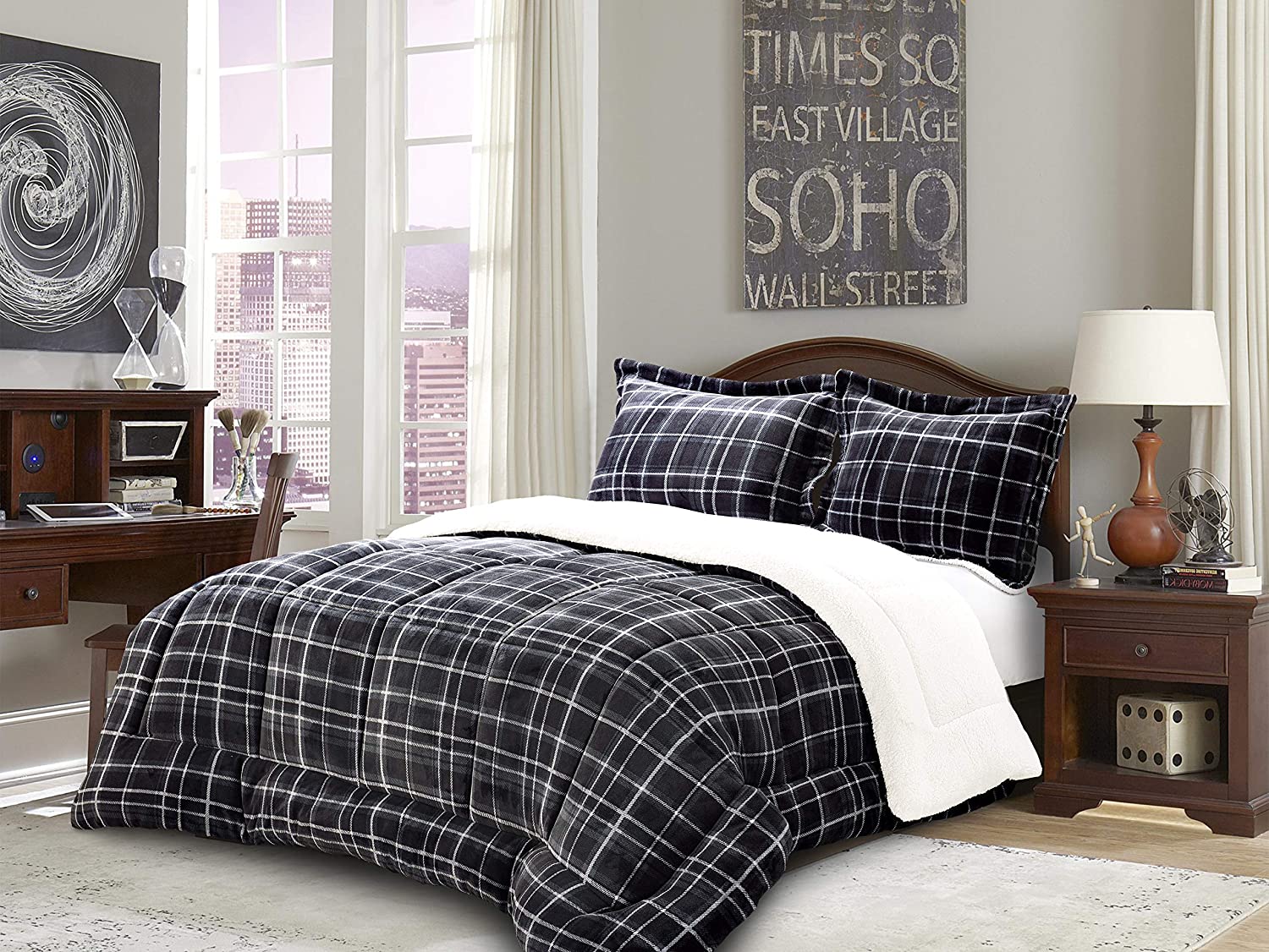 Softest Heavy Weight Plaid Pattern Micromink Sherpa-Backing Down Alternative Micro-Suede 3-Piece Reversible Comforter Set