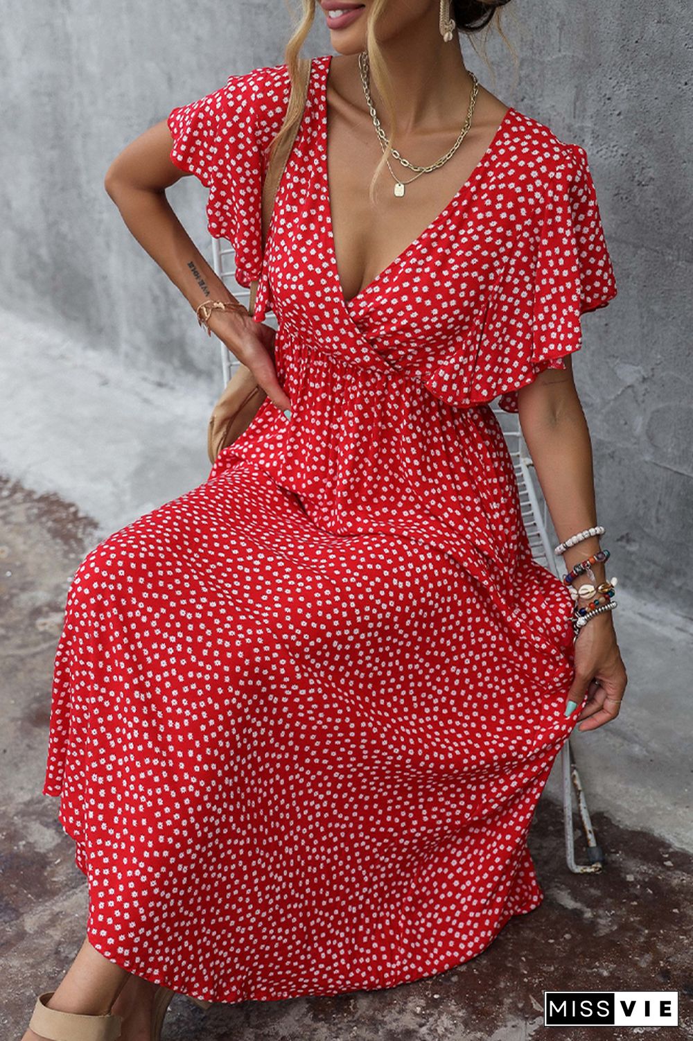 Polka Dot Print V Neck Long Dress Wholesale