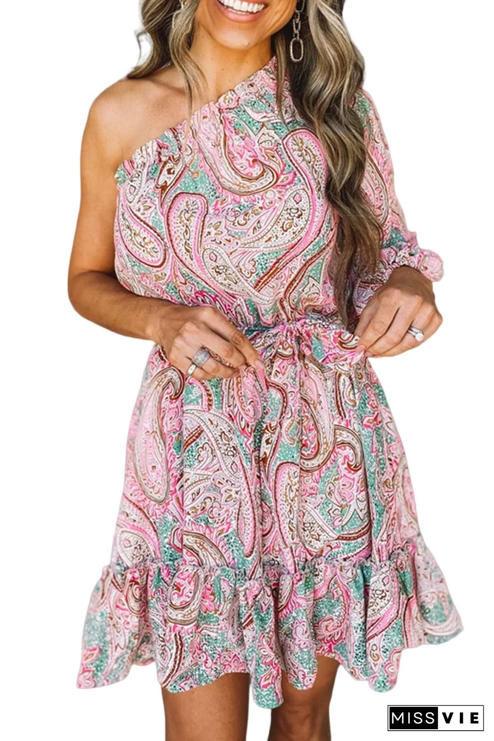 Pink Paisley Print One Shoulder Lace-up High Waist Mini Dress