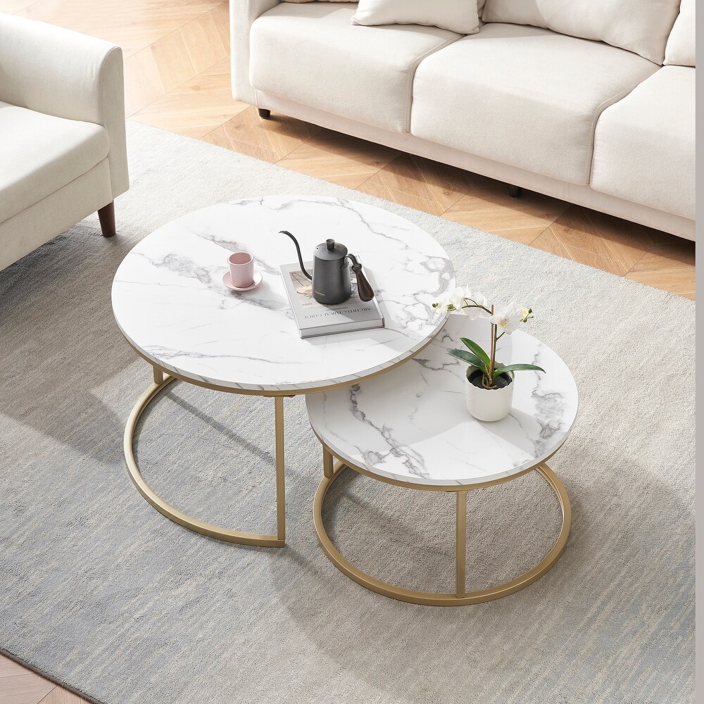 Elegant Marble Style Coffee Table with Iron Frame