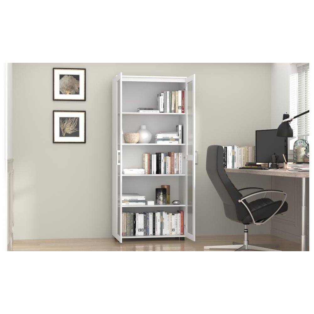 FUFUGAGA 72 in. H x 31.5 in. W White Wood 5-Shelf Accent Bookcase Bookshelf With 2-Door and Adjustable Shelves KF200050-01-cc