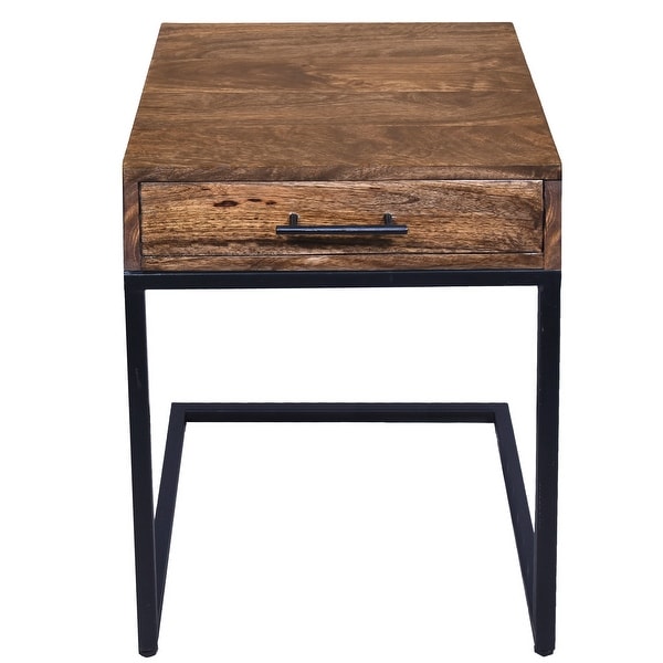 Mango Wood Side Table with Drawer and Cantilever Iron Base