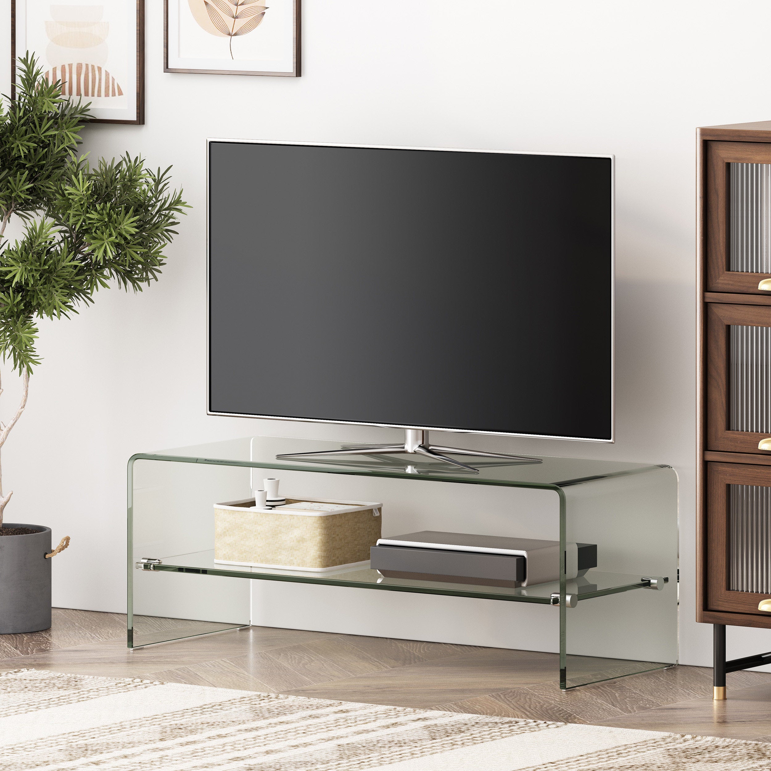 Classon Glass Entertainment TV Console Stand w/ Shelf