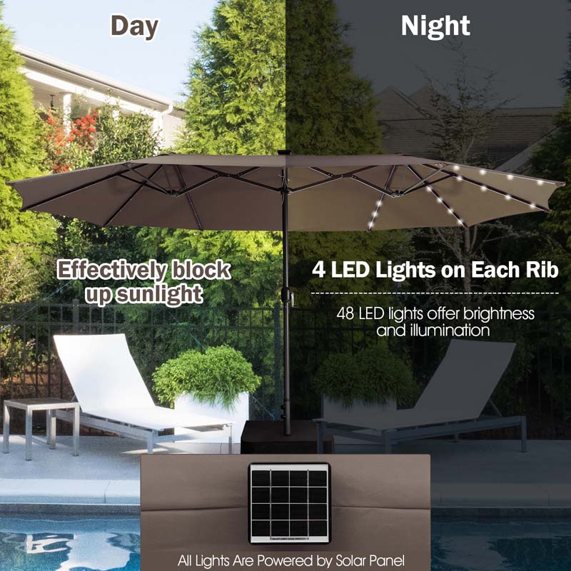 15 FT Double-Sided Patio Umbrella with 48 Solar Lights, Extra-Large Outdoor Twin Market Umbrella with Base