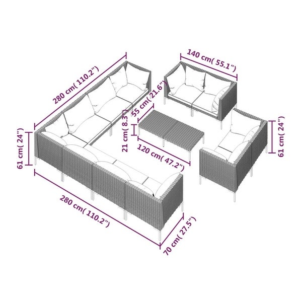 12 Piece Patio Lounge Set with Cushions Poly Rattan Dark Gray