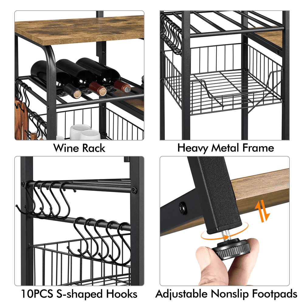 Topeakmart 4-Tier Kitchen Baker's Rack with Power Outlet 10 S-Hooks， Rustic Brown