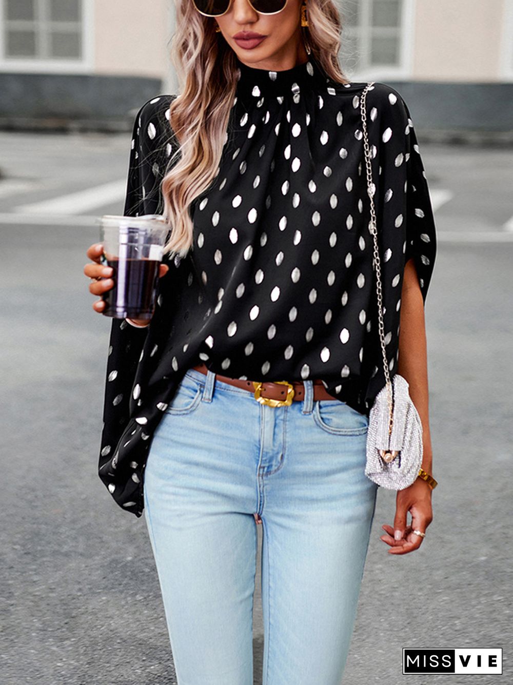 Loose Bandage Polka Dot Round-Neck Blouses&Shirts Tops