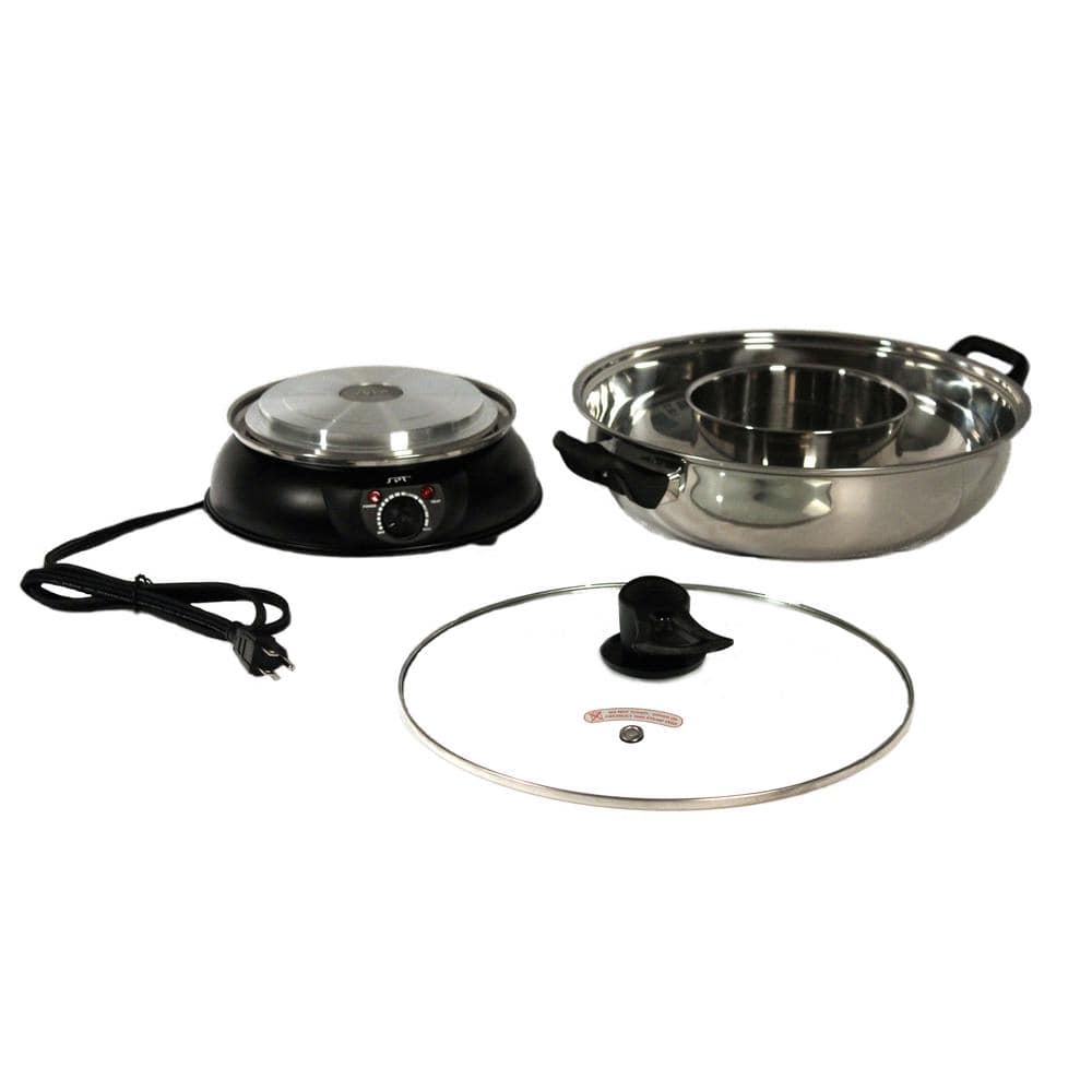 SPT Shabu Shabu 5 Qt. Stainless Steel Electric Multi-Cooker with Stainless Steel Pot and-Glass Lid SS-303A