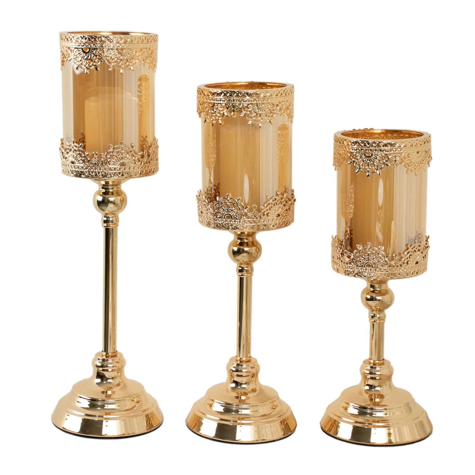 Set of 3 Antique Gold Lace Design Votive Candle Stands, Hurricane Glass Pillar Candle Holders 13