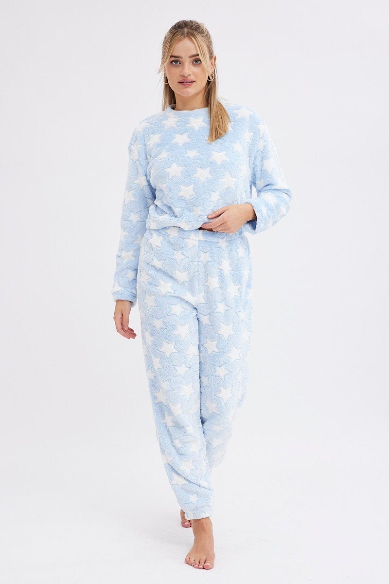 Blue Print Fluffy Pj Star Print Cosy Pyjama Set