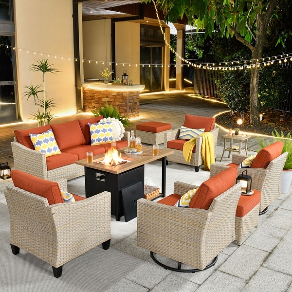 HOOOWOOO Outdoor Patio 9piece Wicker Rattan Furniture Set with Fire Pit Table