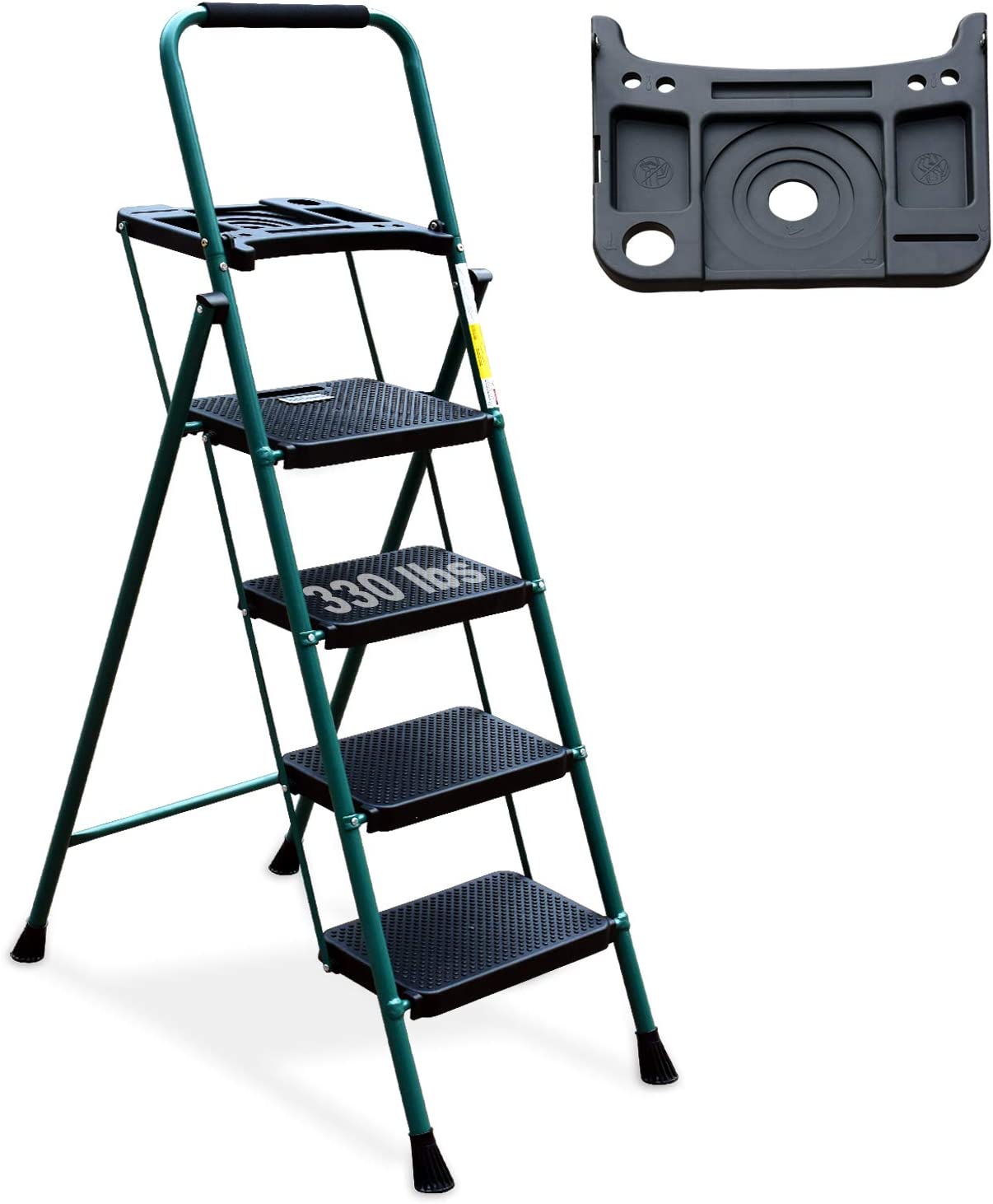 4 Step Ladder, HBTower Folding Step Stool with Tool Platform, Wide Anti-Slip Pedal, Sturdy Steel Ladder, Convenient Handgrip, Lightweight 330lbs Portable Steel Step Stool, Black