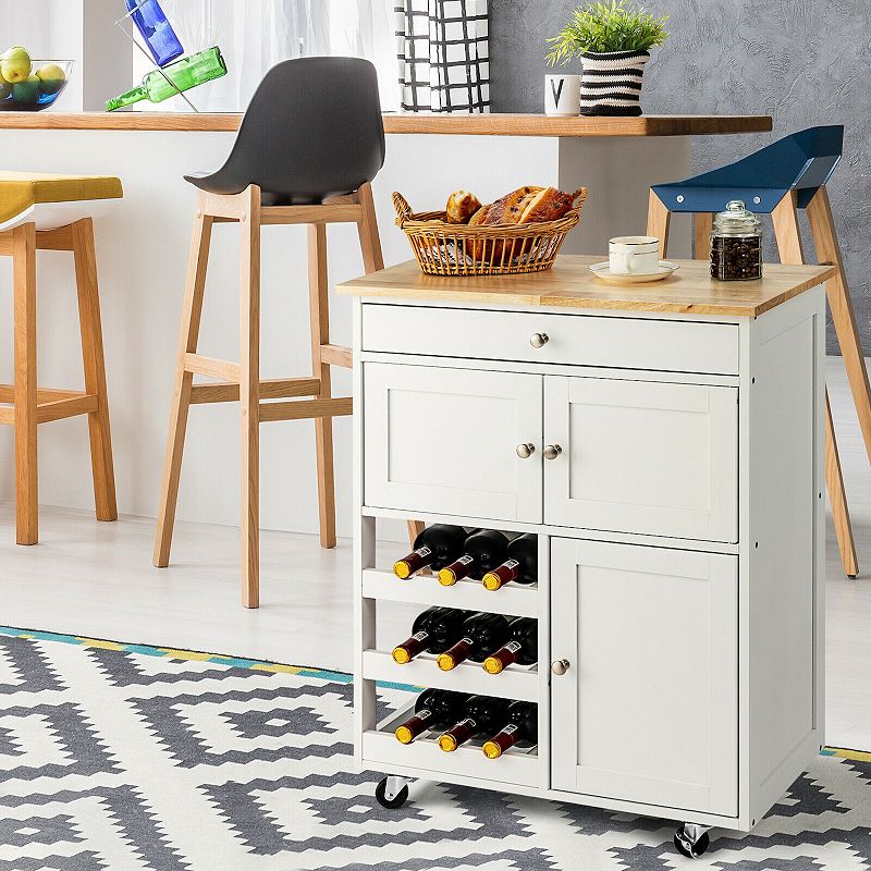 Kitchen Cart with Rubber Wood Top 3 Tier Wine Racks 2 Cabinets