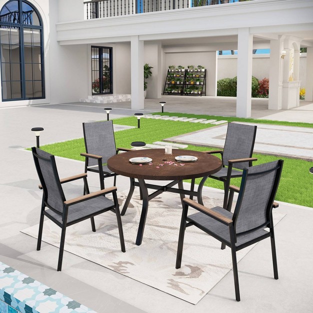 5pc Patio Set Steel Table With Umbrella Hole Aluminum Frame Sling Chairs Captiva Designs Weather resistant Outdoor Dining Set