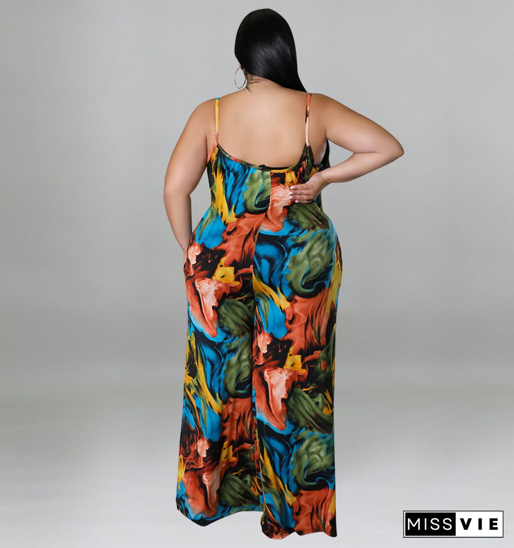 Plus Size Print Wide Leg Jumpsuit with Belt