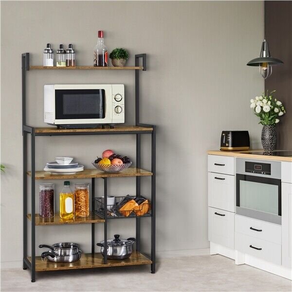 Kitchen Baker's Rack Microwave Stand with Storage Shelves and Metal Basket Hooks