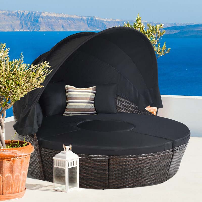 Rattan Wicker Patio Round Daybed with Retractable Canopy & Coffee Table, Outdoor Sectional Furniture Sofa Set