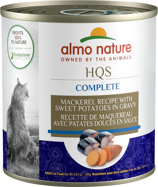 Almo Nature HQS Complete Mackerel Recipe with Sweet Potatoes in Gravy Cat Wet Food， 9.87-oz can， case of 12