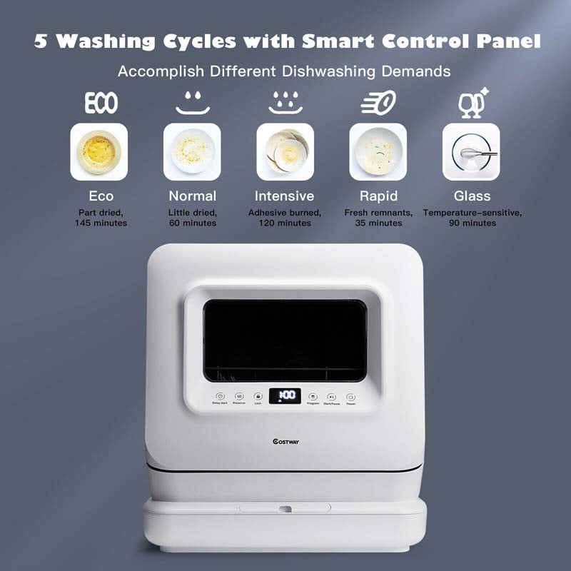 Portable Dishwasher Countertop Dishwashing Machine Hot Air Drying with 7.5L Water Tank & 5 Cleaning Modes