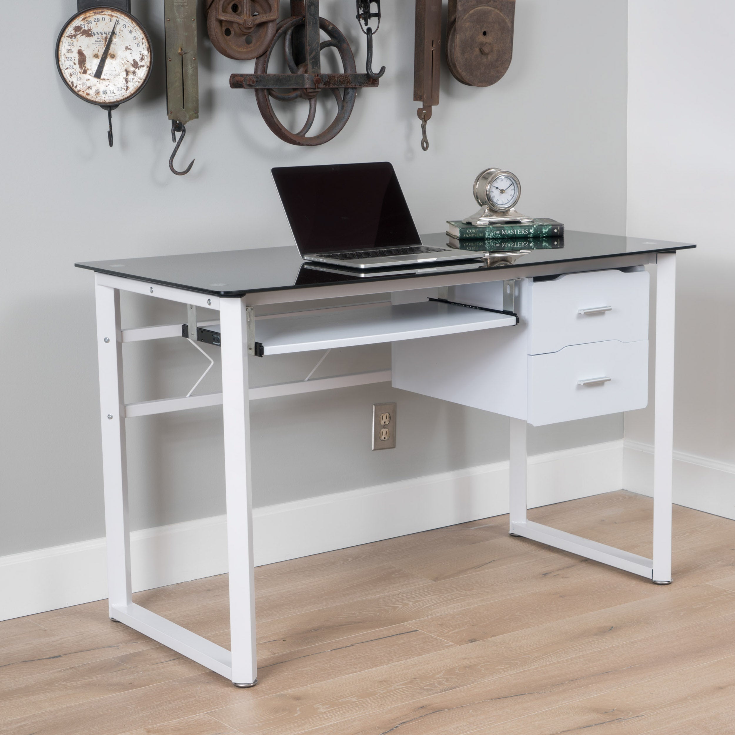 Rivendell Modern Black and White Iron Office Desk with Tempered Glass Top