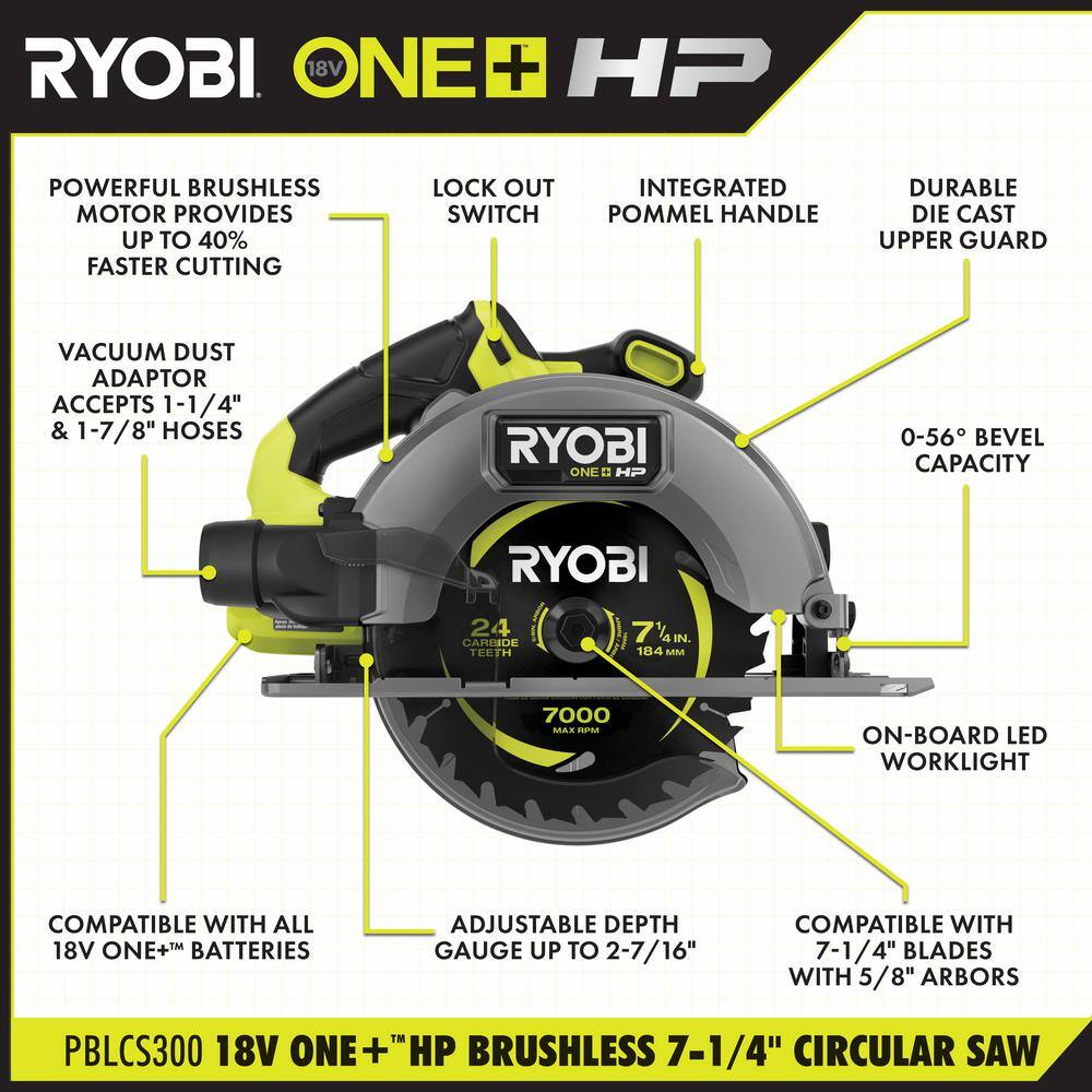 RYOBI ONE+ HP 18V Brushless Cordless 7-14 in. Circular Saw Kit with 4.0 Ah Battery Charger and (4-Piece) Replacement Blades PBLCS300K1-A067401