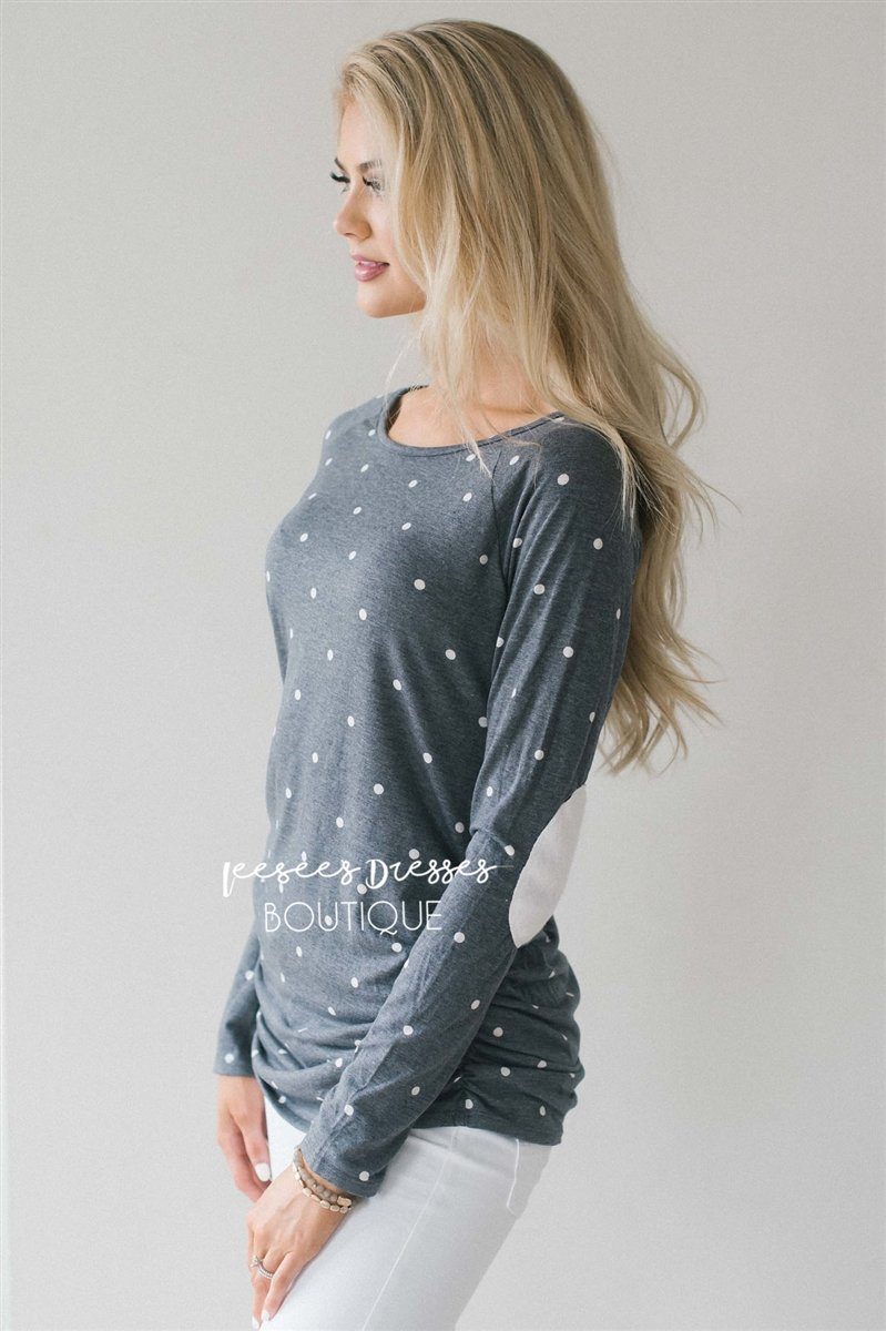 Elbow Patch Polka Dot Side Shirred Top