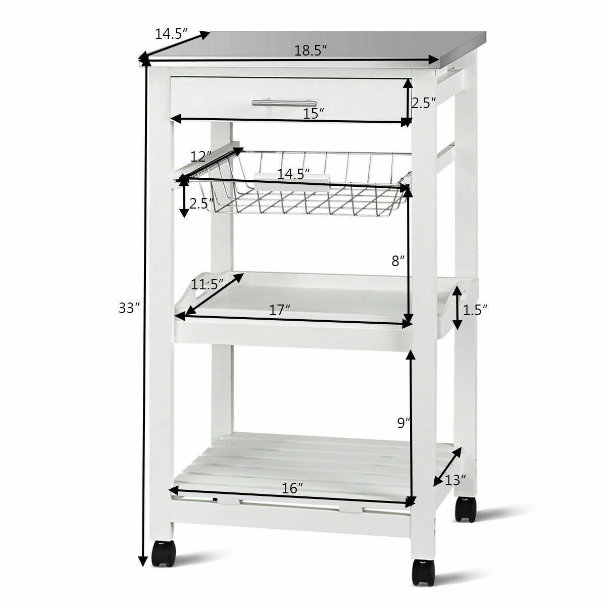 Costway Rolling Kitchen Trolley Cart Steel White Top Removable Tray W/Storage Basket andDrawers