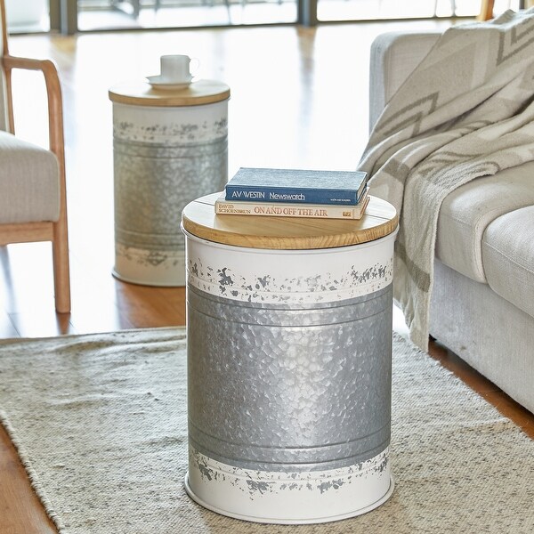 Glitzhome Set of 2 Farmhouse Nesting Galvanized Metal Storage Accent Table or Stool with Wood Lids