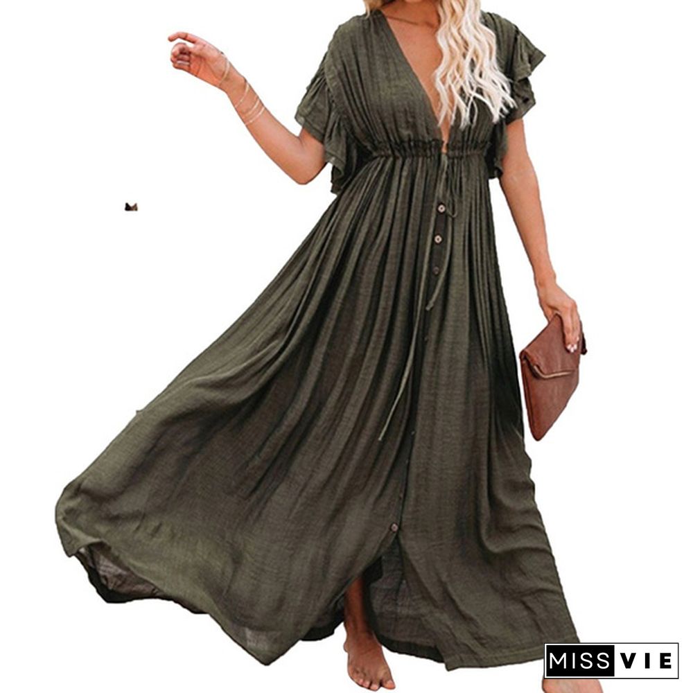 Woman Bohemian Boho Fashion Elegant Sexy V Neck Bikini Cover-ups Long White Tunic Casual Summer BeachDress Elegant Women BeachWear Swim Suit Cover Up Loose Maxi Pregnant Maternity Dresses Plus Size