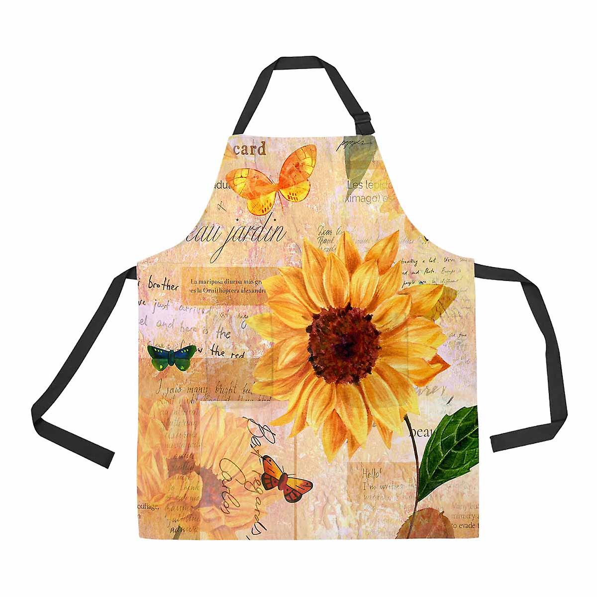 Vintage Sunflowers Butterflies Toned Scraps Visible Garden Unisex Adjustable Bib Apron With Pockets For Restaurant Home Kitchen