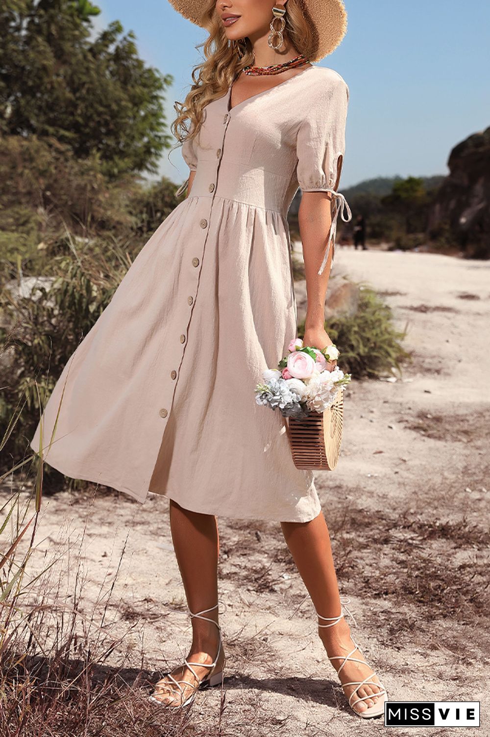 V-neck Tie Knot Short Sleeve Mid-length Dress Wholesale