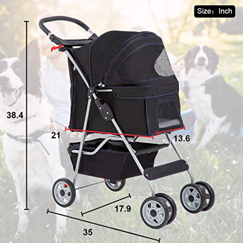 Bestpet 4 Wheels Pet stroller for Cats and Dogs， Folding， Black