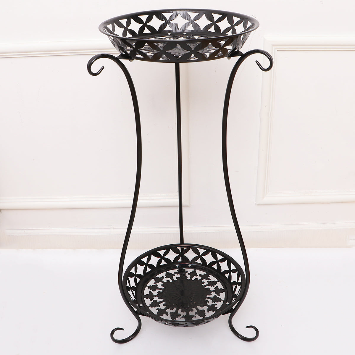 HOMEMAXS Wrought Iron Flowerpot Rack Double Layer Plant Pot Stand Decorative Flower Pot Vase Shape Shelf (Black, 640mm Height)