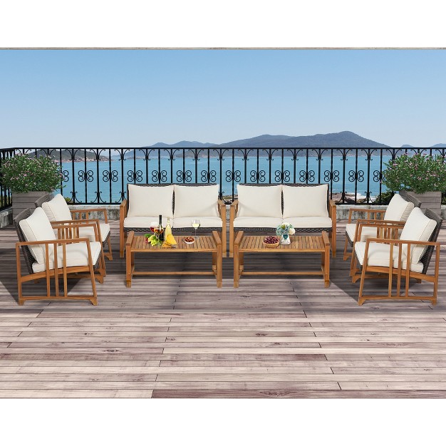 Costway 8pcs Patio Mix Brown Wicker Sofa Set Acacia Wood Frame With Seat amp Back Cushions