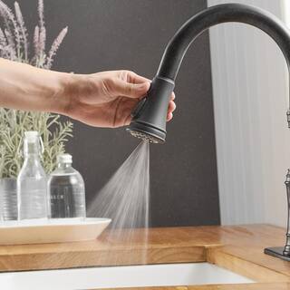 BWE Single-Handle Pull-Down Sprayer 3 Spray High Arc Kitchen Faucet With Deck Plate in Matte Black A-94551-Black