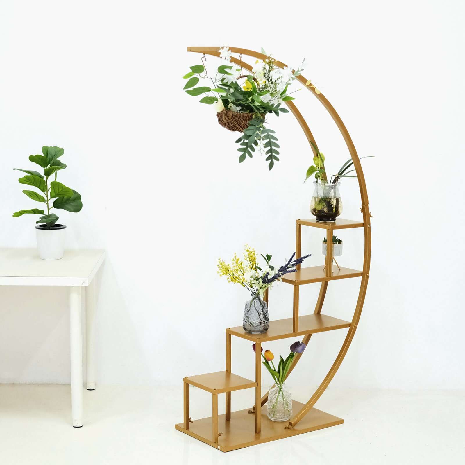 Gold Metal 4-Tier Half Moon Plant Shelf Rack With Hanging Hooks, Cupcake Dessert Display Stand 4.5ft