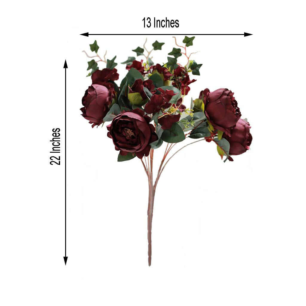 2 Bush Burgundy Artificial Silk Peony, Rose and Hydrangea Flower Bouquet