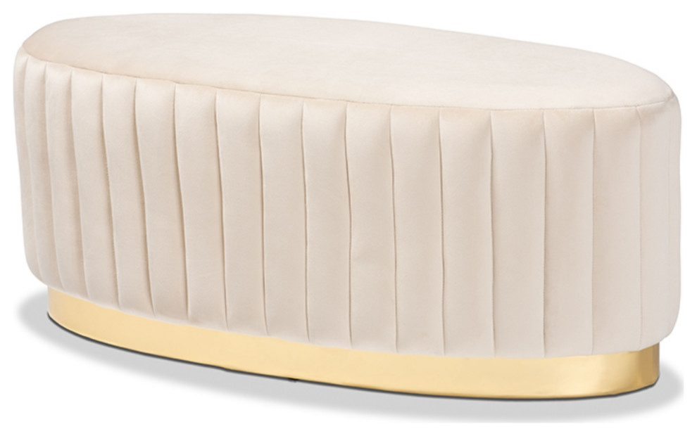 Kirana Glam and Luxe Beige Velvet Fabric Upholstered and Gold PU Leather Ottoman   Contemporary   Footstools And Ottomans   by Fratantoni Lifestyles  Houzz