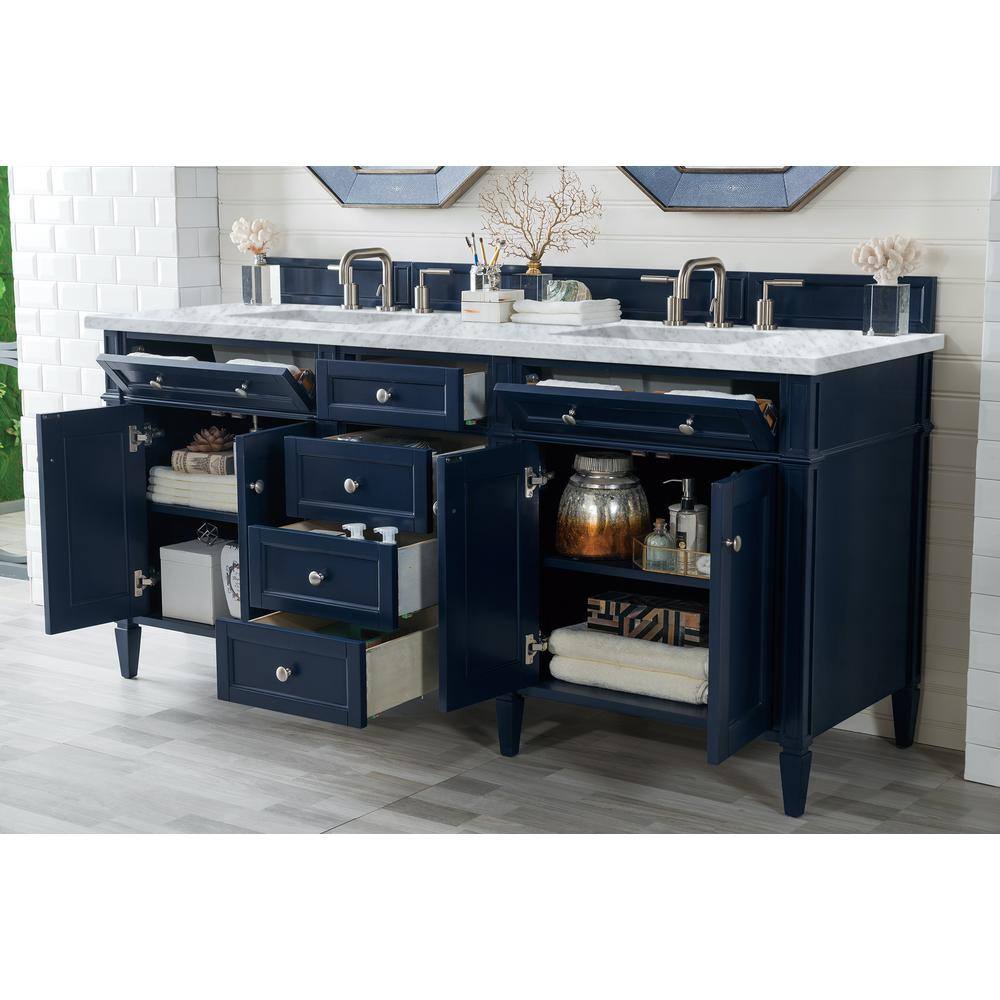 James Martin Vanities Brittany 72 in. W x 23.5 in. D x 34 in. H Double Bath Vanity Cabinet in Victory Blue with Marble Top in Carrara Marble 650-V72-VBL-3CAR