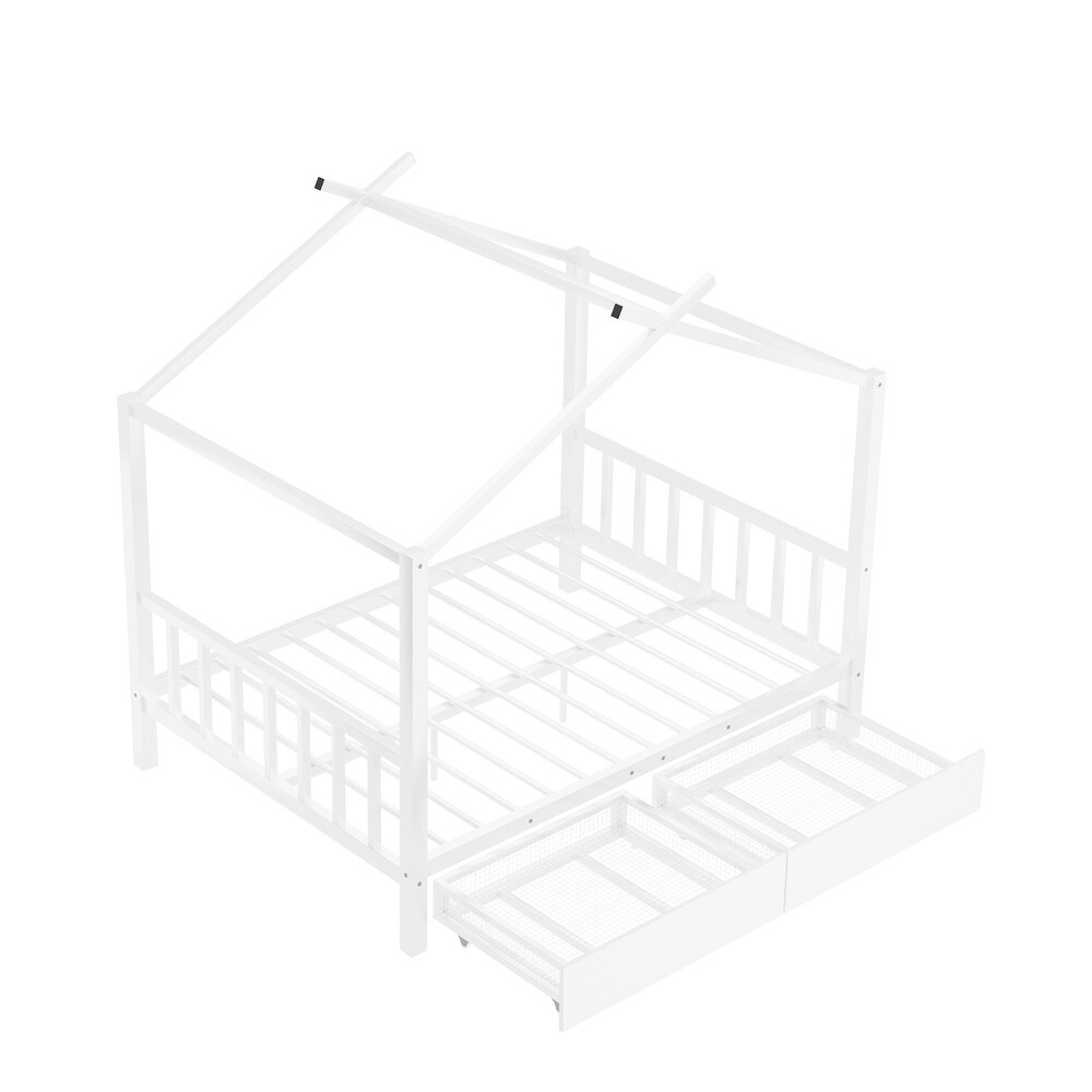 Full Size Metal House Platform Bed with Headboard and Footboard Roof Design Two Drawers Safe Guaranteed