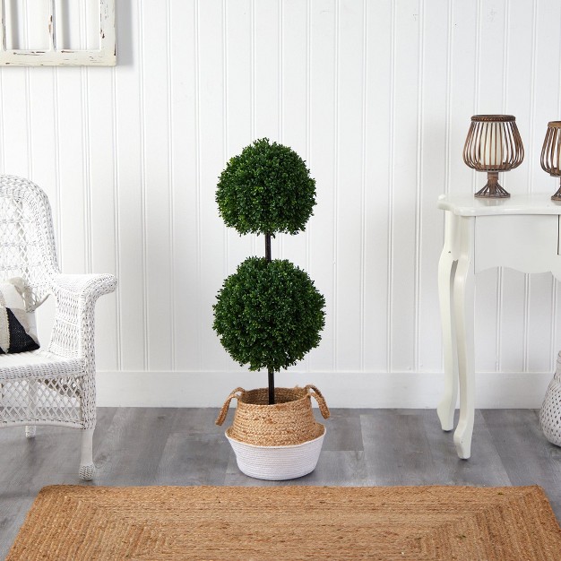 Nearly Natural 3.5-ft Boxwood Double Ball Topiary Tree In Boho Chic Handmade Cotton and Jute Planter Uv Resistant