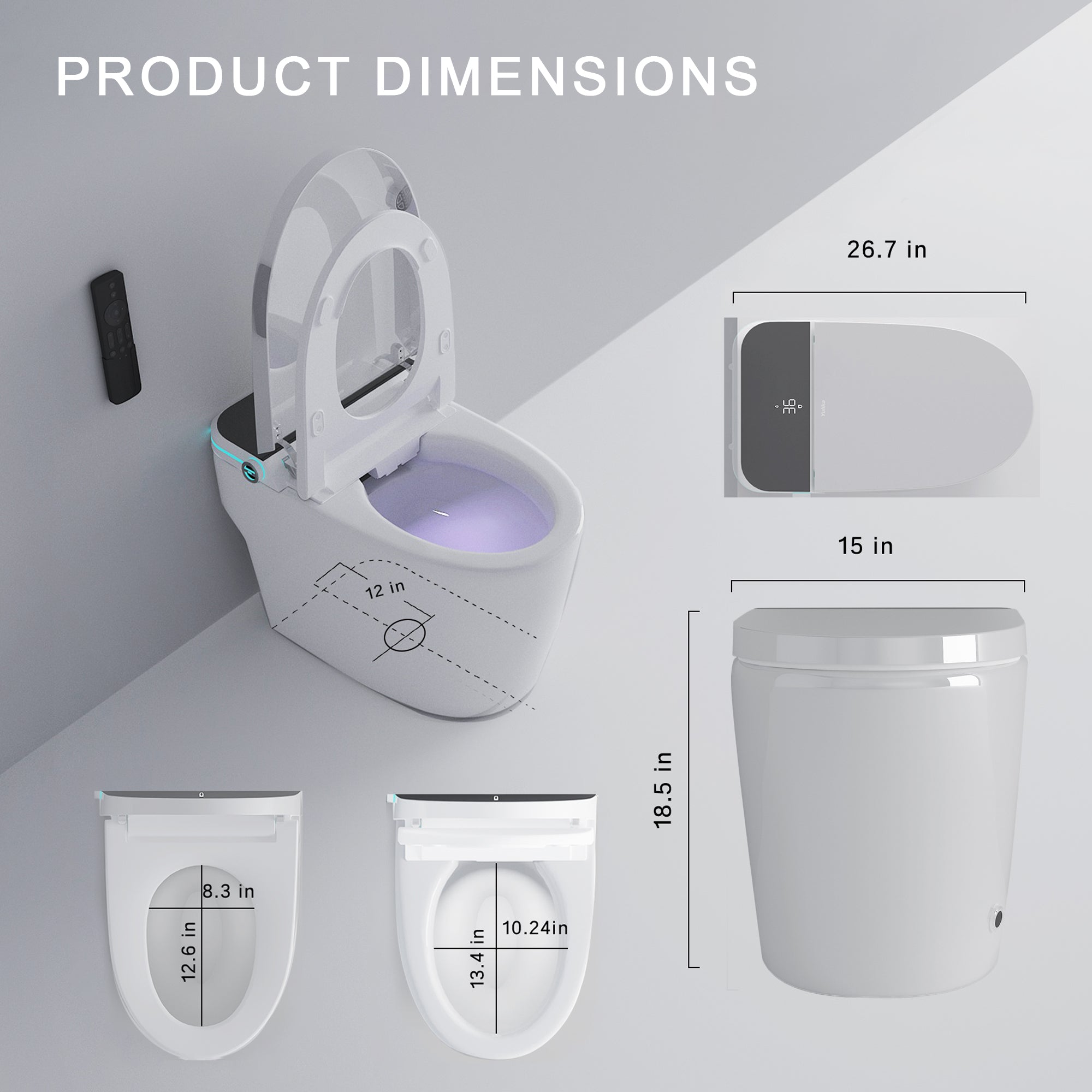 Yulika Smart Toilet, One piece Auto Open/Close Lid Toilet with Auto-Flush, Adjustable Heated Seat,Warm Water and Dry,No water pressure limitation tank