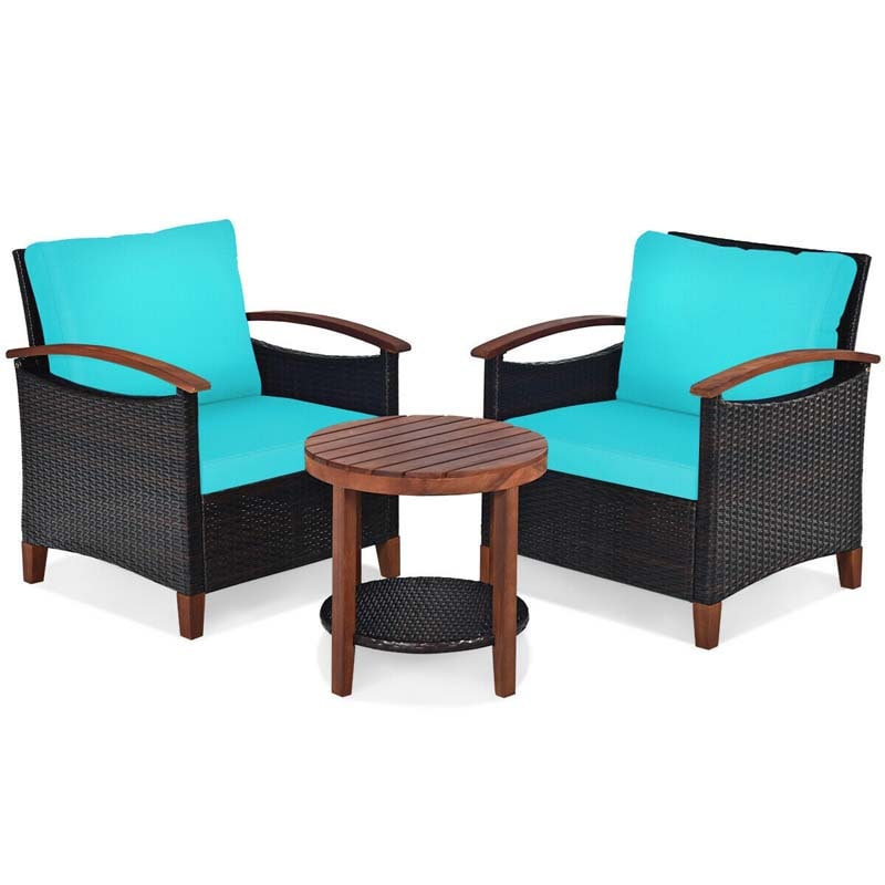 3 Pcs Patio Furniture Set Outdoor Rattan Sofa & Side Table Conversation Bistro Set with Acacia Wood Frame