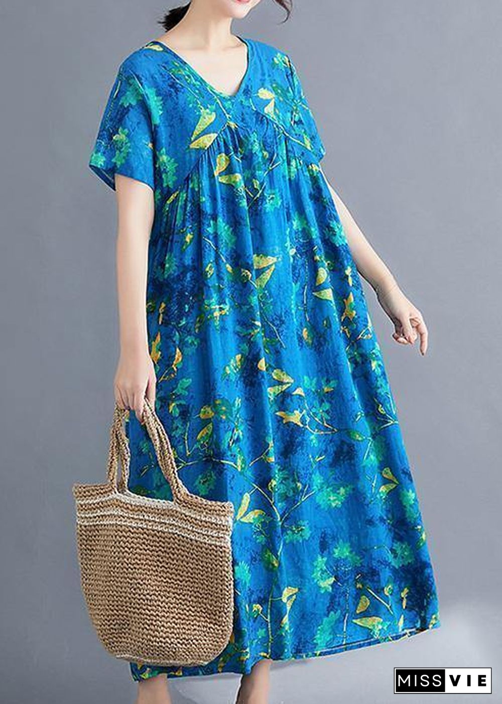 Italian v neck Cinched linen Wardrobes pattern blue print Dresses summer