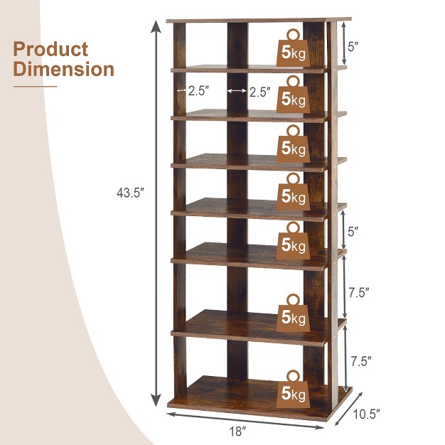 Costway Patented 7 tier Double Shoe Rack Free Standing Shelf Storage Tower Rustic Brown