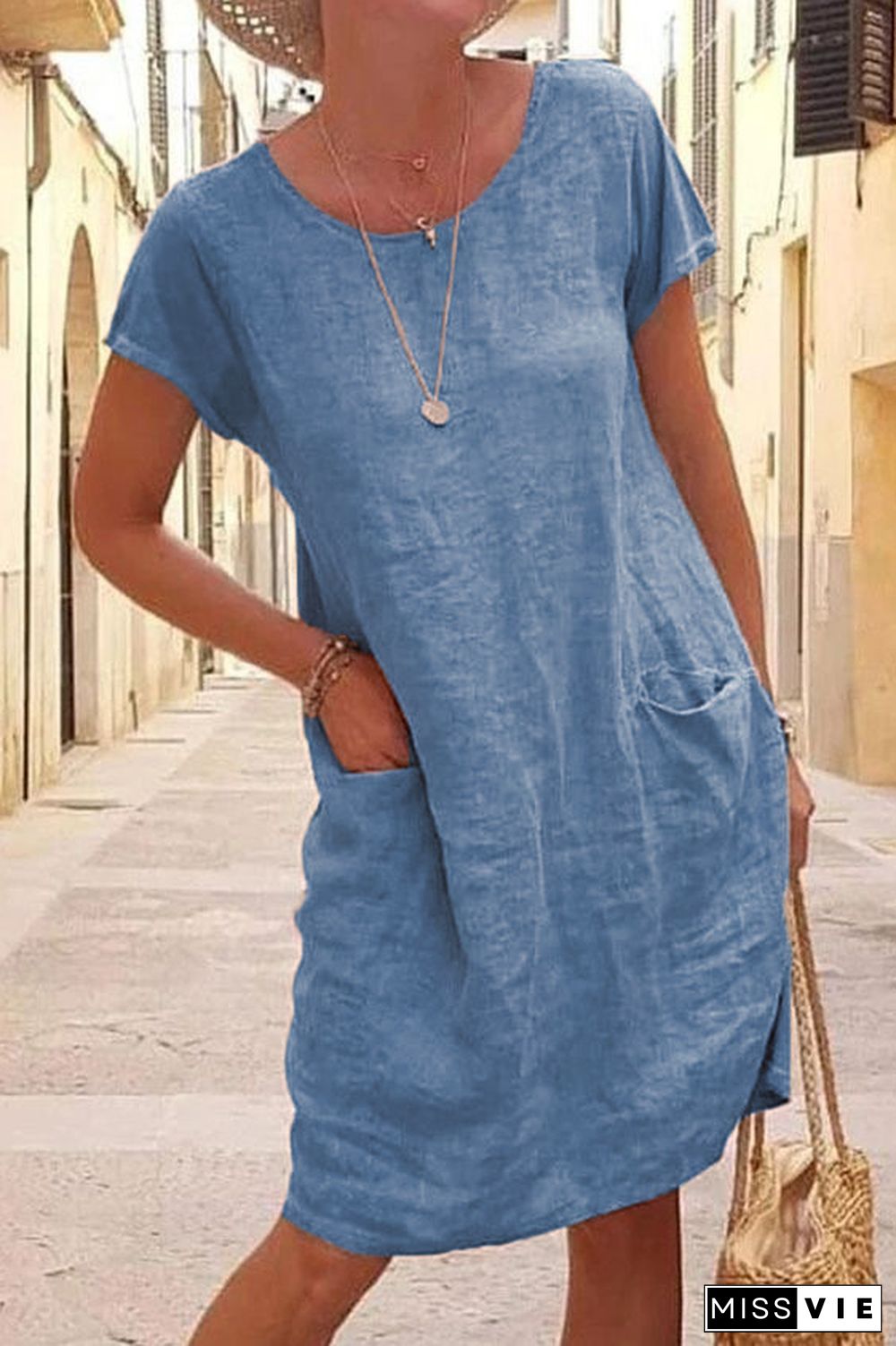 Plus Size Loose Solid Color Pocket Short Sleeve round Neck Cotton and Linen Dress